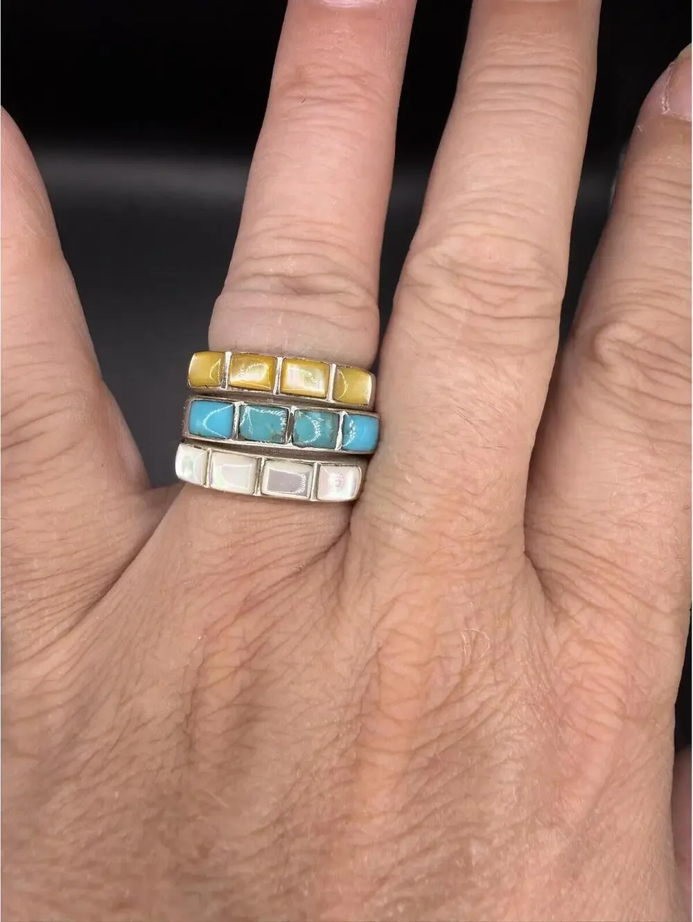 Signed 925 Sterling Silver Inlay Stacking Ring Set – Turquoise, Moonstone & Opal